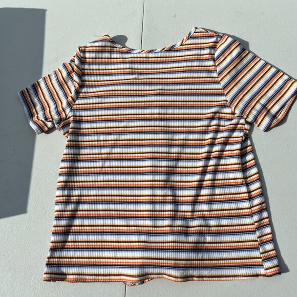 Suzy Shier orange, yellow, and brown stripped shirt with a tie in the middle - Picture 2 of 2